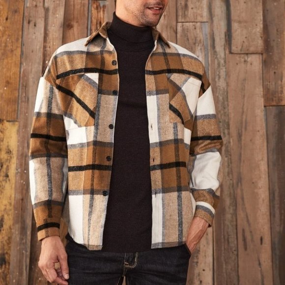 Plaid Pocket PatchedOvercoat Shacket